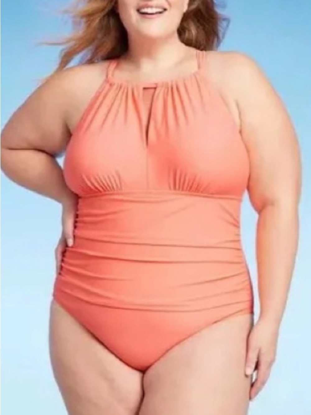 Kona Sol Tummy Control Full Coverage 1 Pc Halter Swimsuit Orange Pink Sz 22 NWT